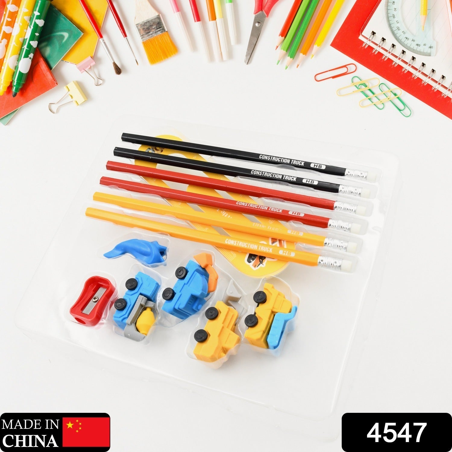 4547 Pencil and Eraser Set, Construction Truck Theme Stationery Kit Includes 6 Pencils, 4 Erasers, 1 Sharpener, 1 Ruler Bookmark, 1 Pencil Cap Stationary For Birthday Gifts for Kids, Birthday Return Gifts (13 Pc set) 4547 Pencil and Eraser Set, Construction Truck Theme Stationery Kit Includes 6 Pencils, 4 Erasers, 1 Sharpener, 1 Ruler Bookmark, 1 Pencil Cap Stationary For Birthday Gifts for Kids, Birthday Return Gifts (13 Pc set)